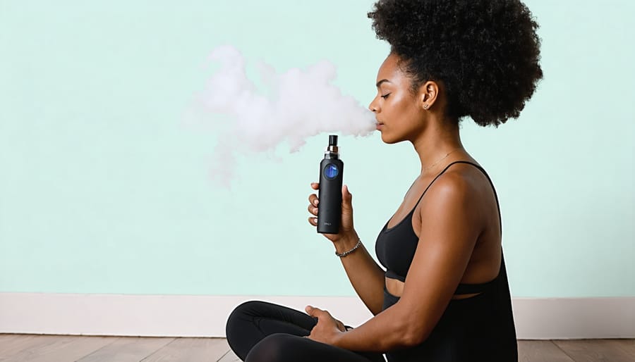 Person in stylish athletic wear using a modern wellness vape device while practicing yoga