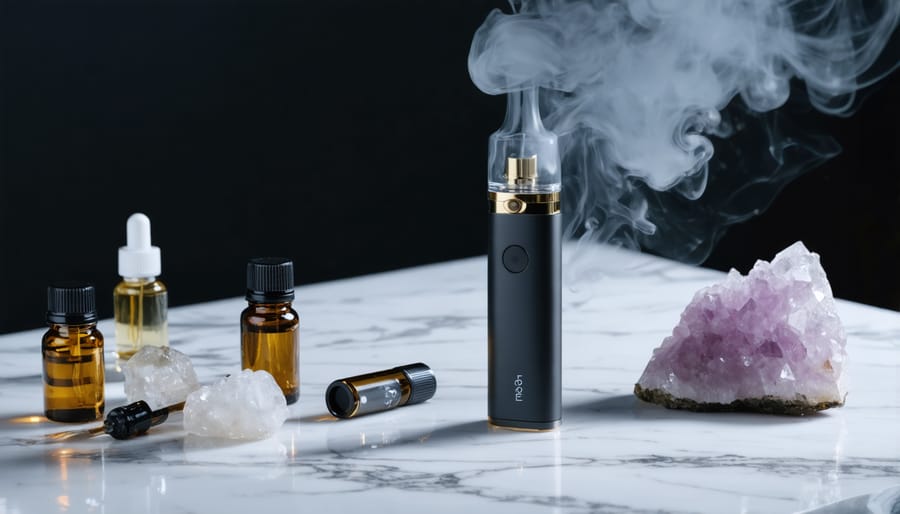 Modern wellness vaping device with natural wellness elements including essential oils and rose quartz crystals