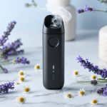 A minimalist wellness vape device surrounded by lavender flowers and chamomile buds, representing the blend of traditional plant wisdom and modern self-care practices.