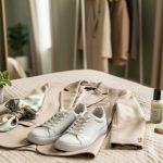 A neatly arranged outfit with skincare items, a journal, and a cup of tea on a bed in soft natural light, representing fashion and mindful living.