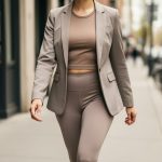 A person wearing neutral athleisure with a lightweight tailored blazer walking outside in a city setting, illustrating everyday fitness fashion.
