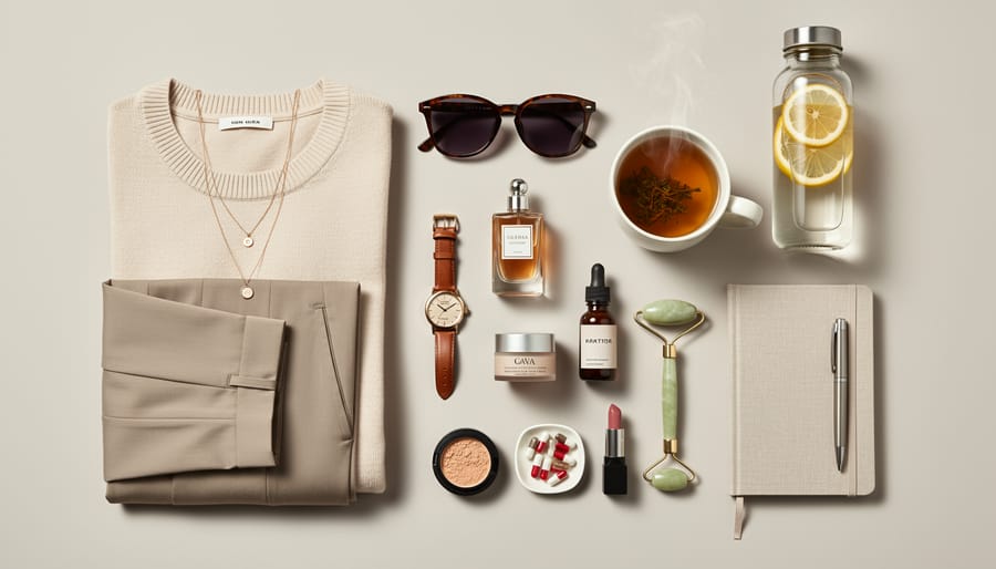 Flat lay of athleisure clothing, a tote bag, and skincare items arranged on a table for a fashion and lifestyle blog aesthetic