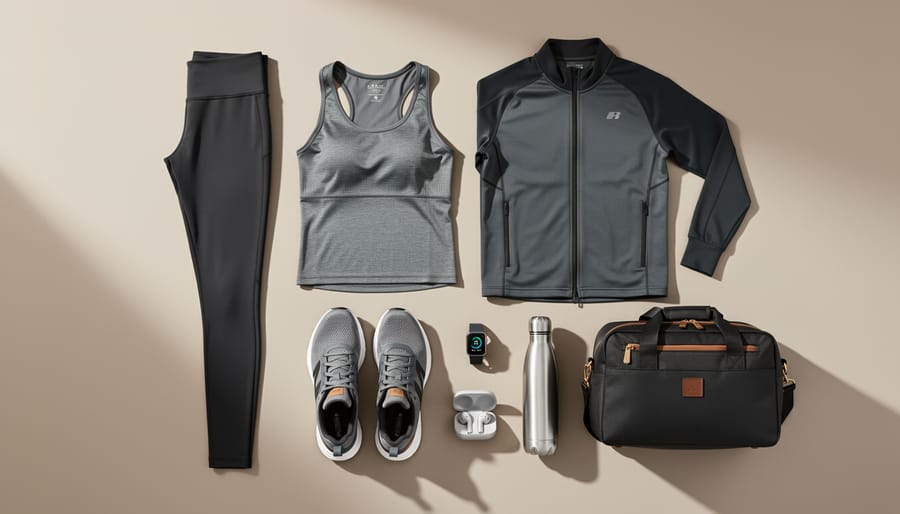 Folded activewear essentials including sports bra, leggings, zip jacket, and sneakers on a wooden bench