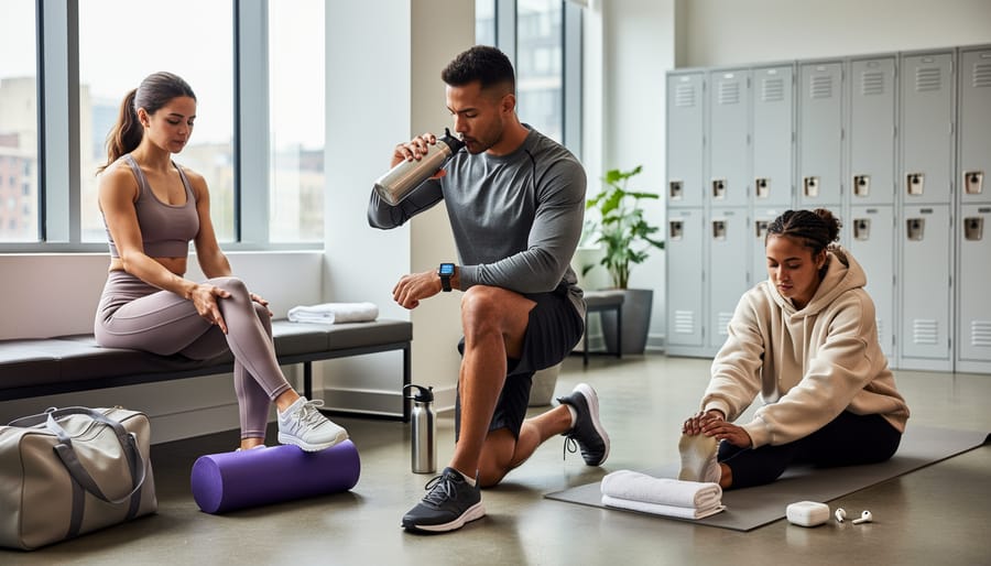 Person stretching after a workout in activewear with skincare items and water bottle nearby
