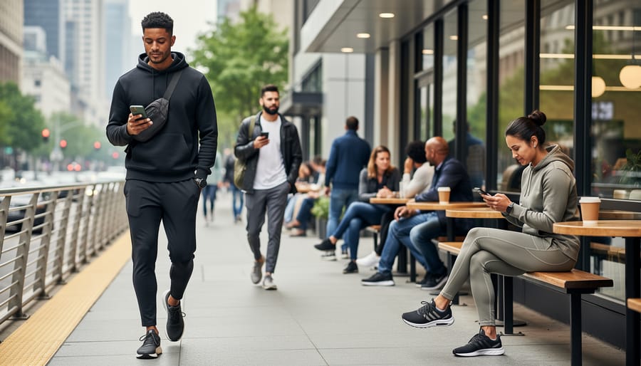 Person wearing modern athleisure walking on a city sidewalk with blurred street background