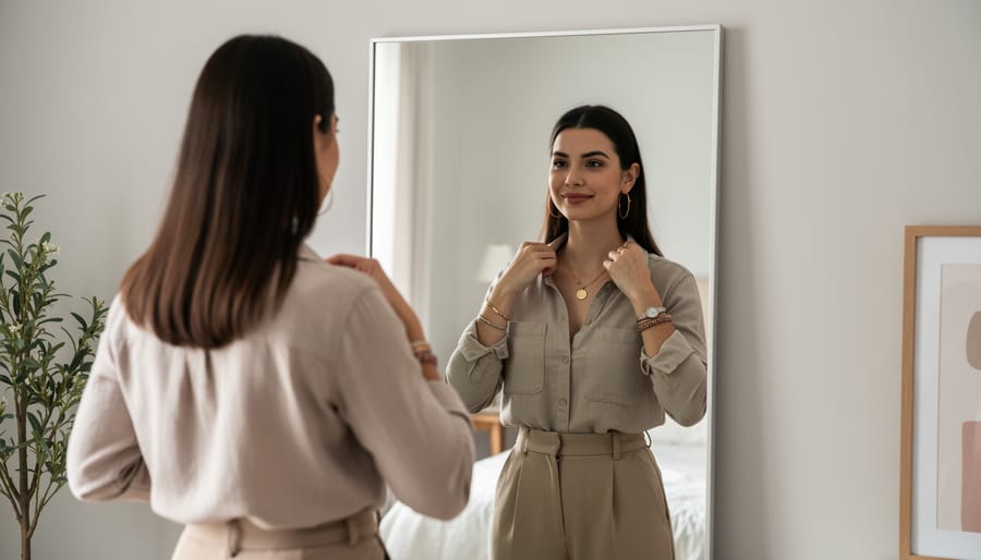 Woman adjusting a tailored blazer in a bright dressing room with a mirror, showing confident everyday styling