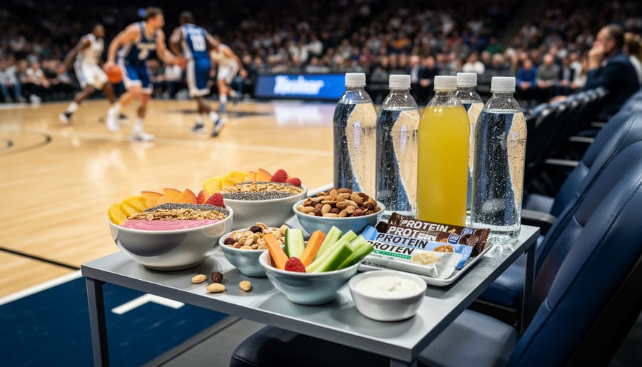 Smoothie bowl, protein snack plate, and water bottle on a table next to pickleball equipment