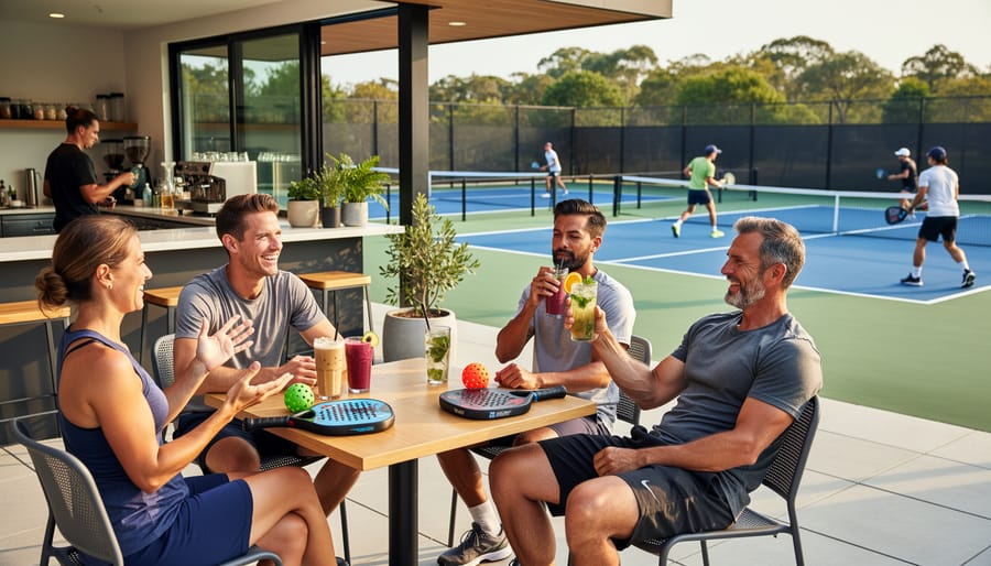 People in athleisure chatting at a court-side café with pickleball paddles and smoothies nearby