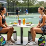 People in athleisure relaxing at a court-side café with pickleball paddles and smoothies placed near the bench while others chat by the courts.
