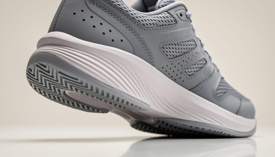 Macro close-up of women’s court sneakers showing outsole tread, midsole cushioning, and breathable upper