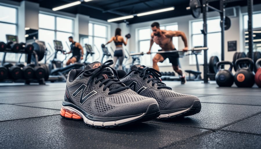 Under Armour men's training shoes on a gym floor near kettlebells