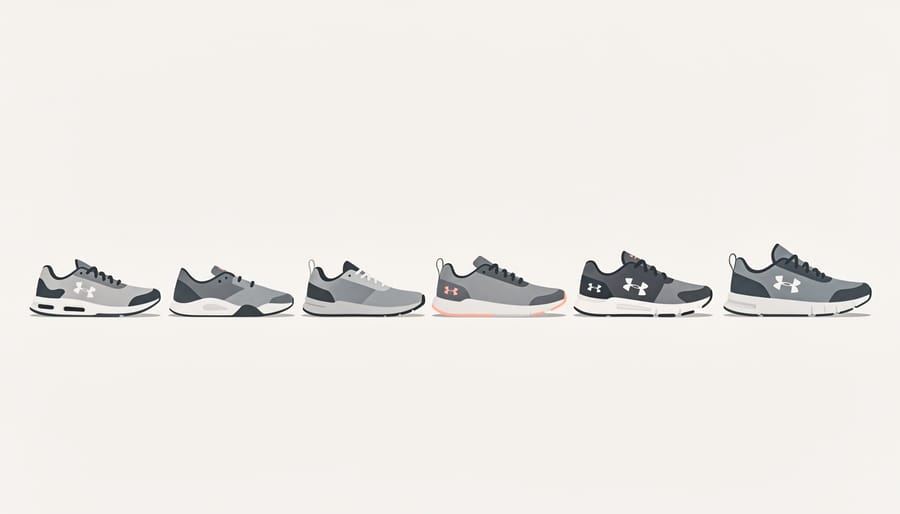 Studio lineup of three Under Armour shoe styles arranged side by side