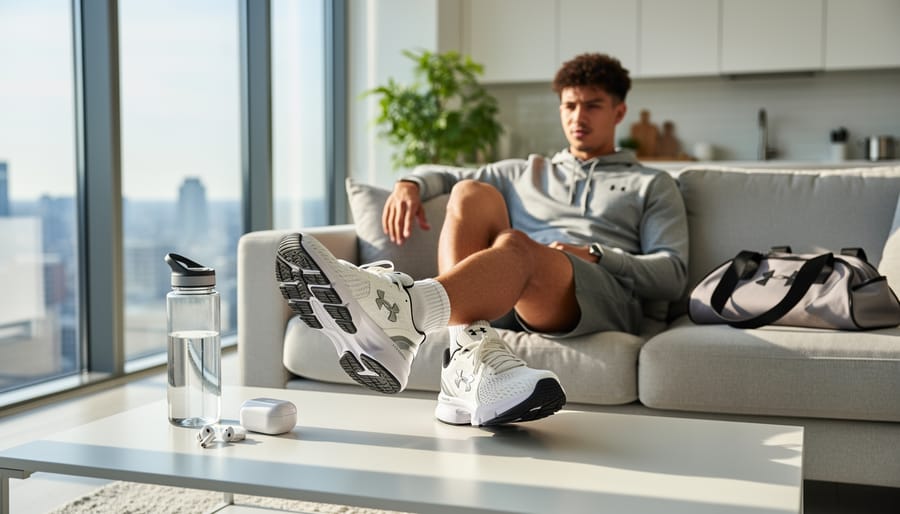 Under Armour sportstyle sneakers styled with athleisure outfit outdoors