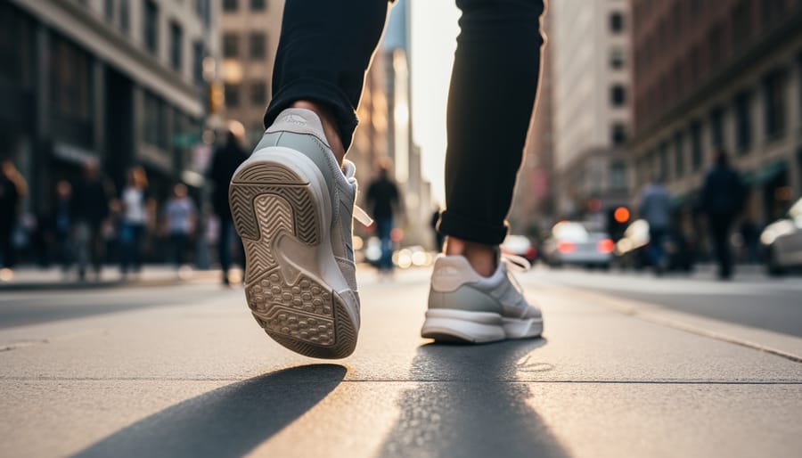Woman wearing modern court sneakers while walking outdoors on a city sidewalk